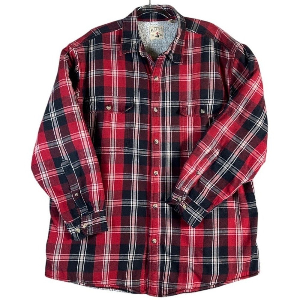 Red Head Flannel Shirt Jacket Mens 2XL Red Plaid Sherpa Lined Outdoor Workwear
